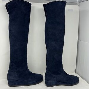 Michele Negri Sz 8.5 Blue Suede Low Wedge Whipstitch Trim Knee Boots